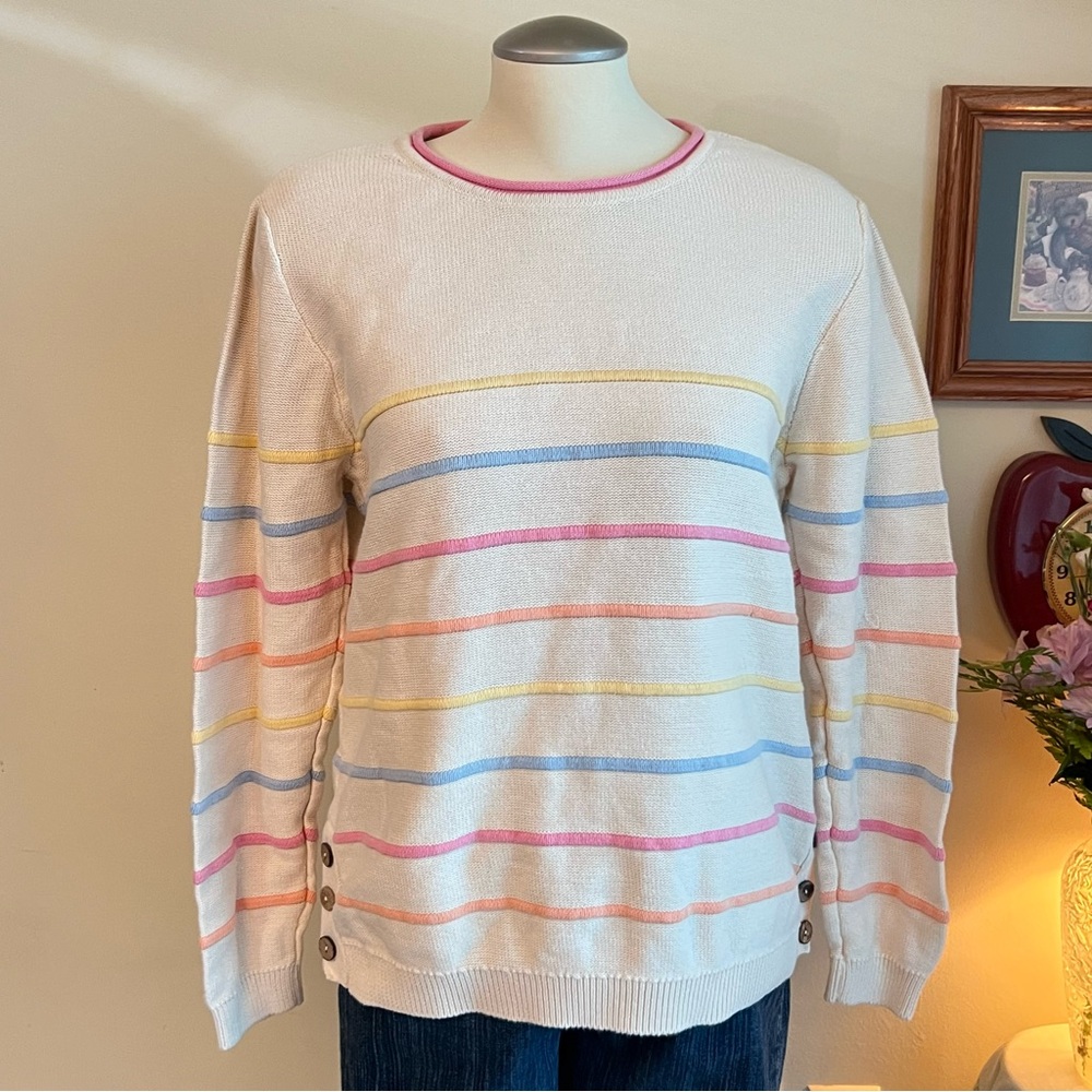 Cottagecore Cream and pink striped cotton sweater